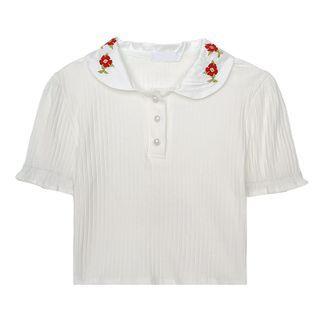 Short-sleeve Flower Embroidered Cropped Top White - One Size