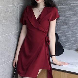 Plain Asymmetric V-neck A-line Dress
