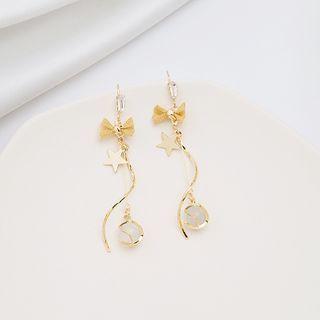 Cat Eye Stone Rhinestone Mesh Bow Dangle Earring 1 Pair - E2806 - As Shown In Figure - One Size