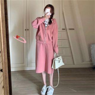 Set : Long-sleeve Plain Hooded Jacket + High-waist Plain Shift Skirt