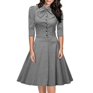 Gingham 3/4-sleeve A-line Dress