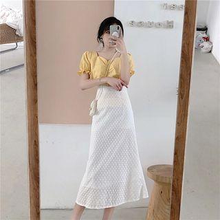V-neck Frilled Bell-sleeve Blouse / Lace Midi Skirt