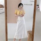V-neck Frilled Bell-sleeve Blouse / Lace Midi Skirt