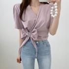 Short Sleeve Wrapped Bow Detail Crop Blouse