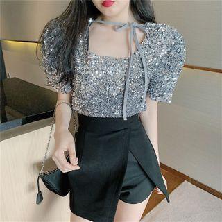 Sequined Short-sleeve Blouse Silver - One Size