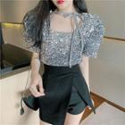Sequined Short-sleeve Blouse Silver - One Size