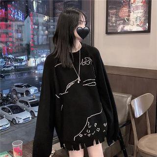Printed Distressed Sweater Black - One Size