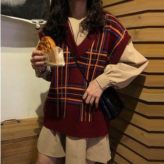 Plaid Knit Vest / Puff-sleeve A-line Dress