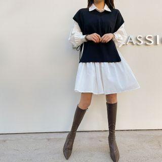 Set: Deep-slit Tie-side Knit Vest + Tiered Shirtdress