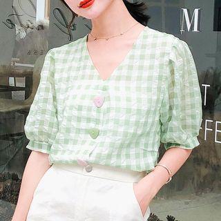 V-neck Short-sleeve Check Top