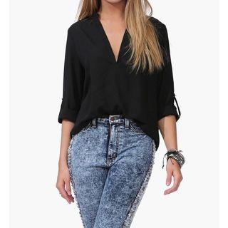 Open Placket Tab-sleeve Chiffon Blouse