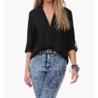 Open Placket Tab-sleeve Chiffon Blouse