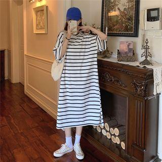 Elbow-sleeve Striped Midi T-shirt Dress Black & White - One Size