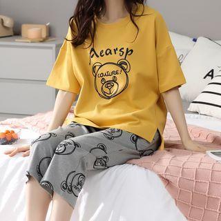 Loungewear Set : Short-sleeve Bear Print Top + Capri Pants