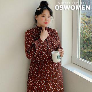 Mandarin-collar Shirred Floral Long Dress