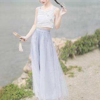 Faux Pearl Accent Sleeveless Top / Midi Skort