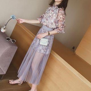 Set: Floral Print Elbow-sleeve Dress + Pleated Mesh Midi Skirt