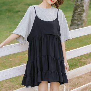 Mock Two-piece Elbow-sleeve Tiered Mini Shift Dress