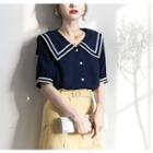 Elbow-sleeve Striped Trim Buttoned Chiffon Top