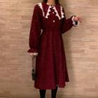 Glitter Lace Trim Collared Long-sleeve A-line Midi Dress Red - One Size