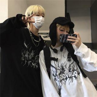 Long-sleeve Round Neck Lettering Fire Print T-shirt