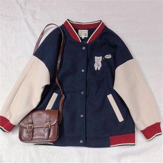 Bear Embroidered Paneled Baseball Jacket