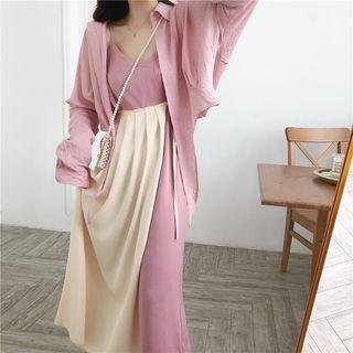 Plain Long-sleeve Shirt / Pleated Sleeveless Dress