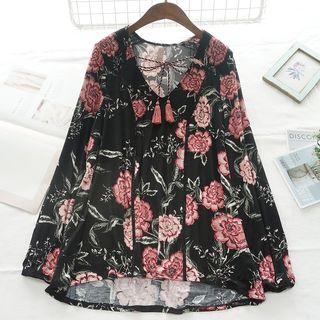 Flower Print V-neck Long-sleeve Top