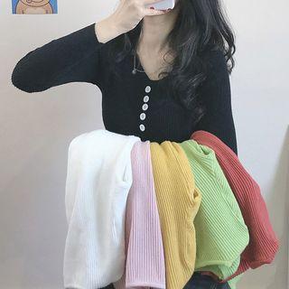 Button-detail V-neck Long-sleeve Knit Top