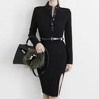 Long-sleeve Mock Neck Slit-front Sheath Dress