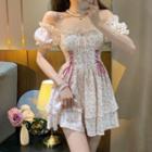 Short-sleeve Off-shoulder Floral Lace-up Dress