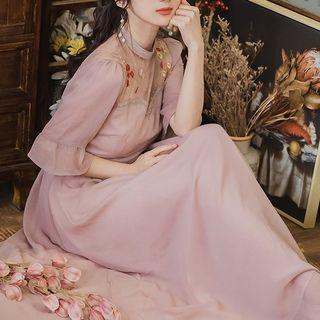 Elbow-sleeve Mesh Midi Dress
