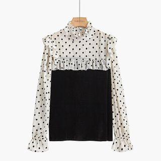 Mock Two-piece Long-sleeve Dotted Frill Trim Mock-neck Top Top - Almond - One Size
