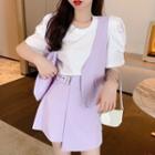 Short-sleeve Paneled Blouse / Mini A-line Skirt