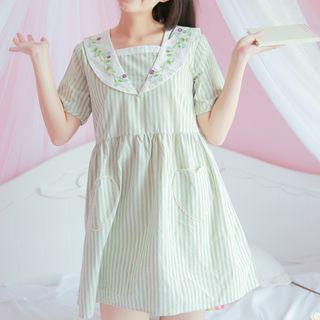 Flower Embroidered Striped Collared Short Sleeve Dress