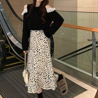 Long-sleeve Cold Shoulder Lace Trim Top / Leopard Print Midi A-line Skirt
