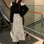 Long-sleeve Cold Shoulder Lace Trim Top / Leopard Print Midi A-line Skirt