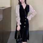 Mock Two-piece Puff-sleeve Dotted Dress