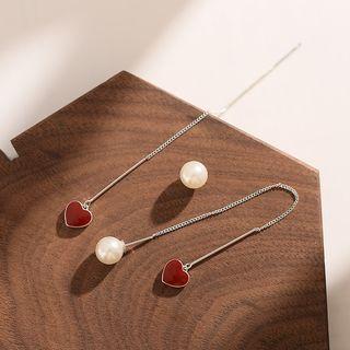 925 Sterling Silver Heart Faux Pearl Dangle Earring 1 Pair - As Shown In Figure - One Size