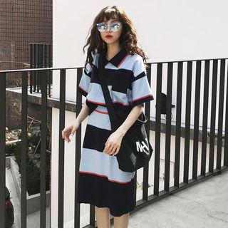 Set: Striped Knit Short-sleeve Polo Shirt + Midi Skirt