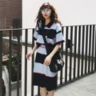 Set: Striped Knit Short-sleeve Polo Shirt + Midi Skirt