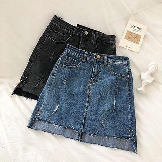 Asymmetric Frayed High-waist Denim A-line Skirt
