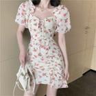 Flower Print Drawstring Short-sleeve Mini A-line Dress As Shown In Figure - One Size