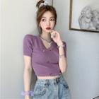 Short-sleeve Double-breasted Cropped Knit Top