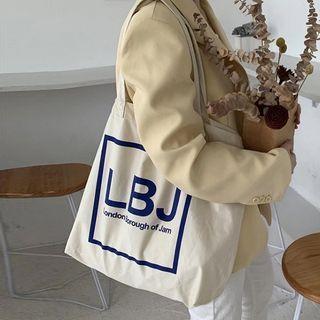 Lettering Tote Bag Beige & Blue - One Size