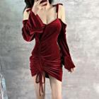 Long-sleeve Cold Shoulder Drawstring Mini Bodycon Dress
