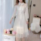 Long-sleeve Lace Panel Collared Midi A-line Dress