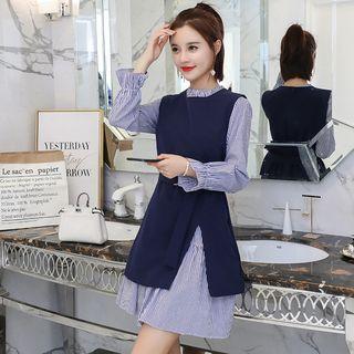 Set: Striped Long-sleeve A-line Dress + Slit Pinafore Dress