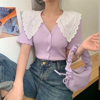 Lace Collar Short Sleeve V-neck Cardigan