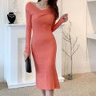 Long-sleeve Plain Knit Midi Bodycon Dress Tangerine Red - One Size
